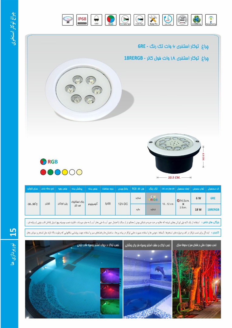 چراغ توکار استخری تک رنگ مدل 6RE عکس شماره 2